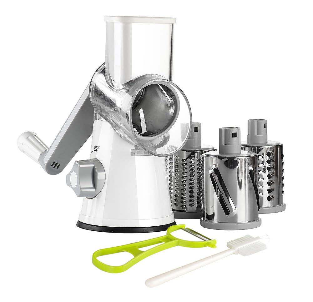 Ourokhome Rotary Cheese Grater Hand Crank, Kitchen Shredder Speed Mandolin Slicer Nuts Grinder with Handle and Drum Blades for Cheese, Vegetable, Walnuts, Chocolate, Potato, Carrot, 3 Blades, White