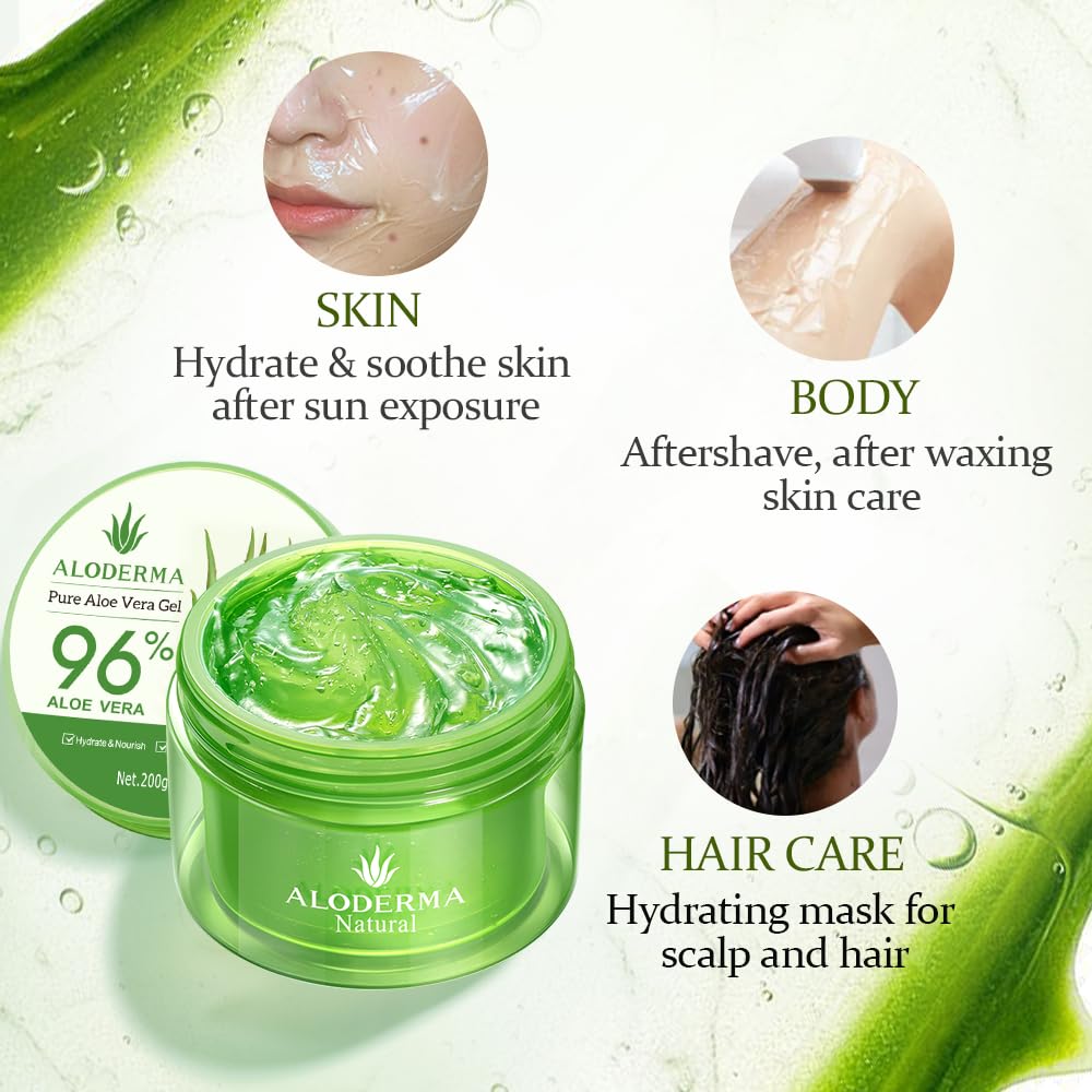 Aloderma Organic 96% Aloe Vera Gel – Hydrating Face, Body & After-Sun Care, 7oz