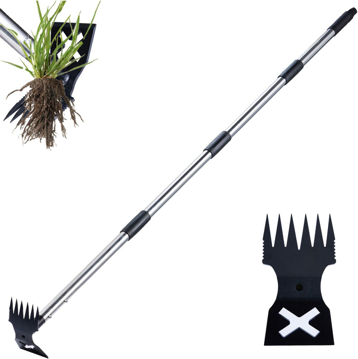 Weed Puller Tool with Long Handle - 60" Manual Weeder Remover Tool, 2 in 1 Hand Weed Rake and Garden Hoe for Gardening, Heavy Duty Uprooting Weeding Pull for Yard, Lawn, Patio and Garden