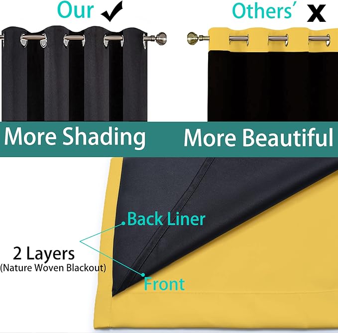 Yakamok Total Blackout Curtains, 2 Thick Layers Completely Blackout Thermal