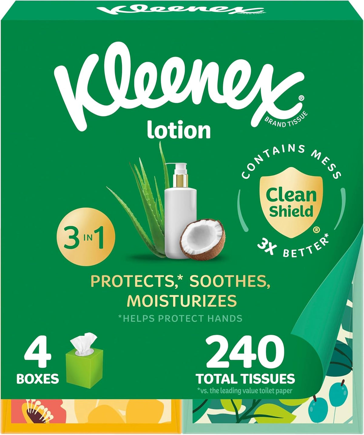 Kleenex Lotion Facial Tissues with Coconut Oil, 4 Cube Boxes, 60 Tissues Per Box, 3-Pl