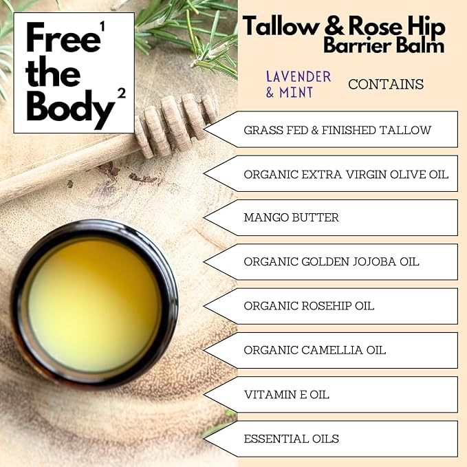 Tallow and Rose Hip Barrier Balm, Grass-Fed Tallow with Beeswax and Rosehip Oil, 2oz, All Skin Types, Face and Body (2oz, Lavender & Mint)