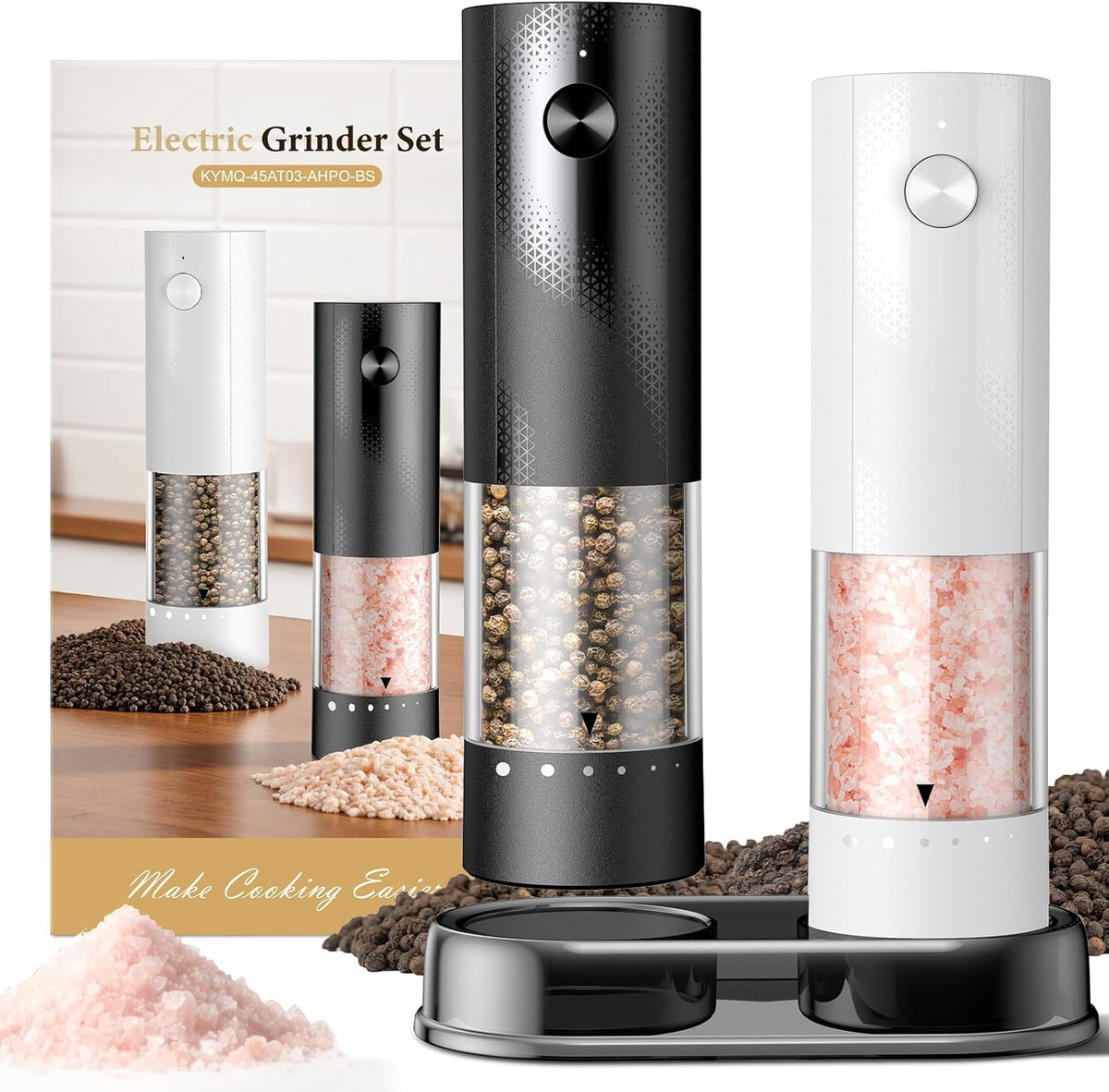 Electric Salt and Pepper Grinder Set - Rechargeable Automatic Salt and Pepper Shakers, Kitchen Appliances with External Adjustable Coarseness, Larger Hopper for Christmas Gifts(2 Pack,Black/Black)