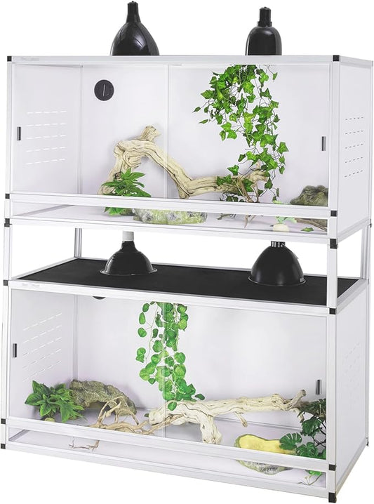 PVC Reptile Enclosure 48 * 24 * 24" Space Efficient Large Reptile Terrarium Habitat 120 Gallon for Bearded Dragon Gecko Lizard Snake, Wide Vivarium with Sliding Doors Lock (2pcs-White Panels)