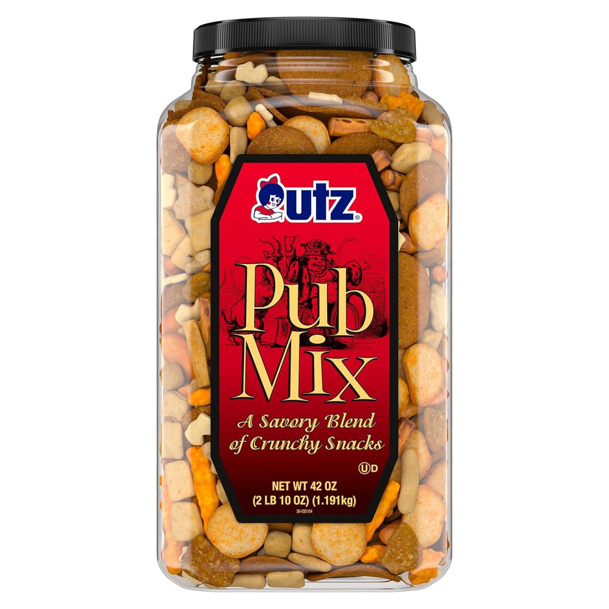 Utz Pub Mix, 42 Oz. Barrel, Savory Snack Mix with a Blend of Crunchy Flavors for a Tasty Party Snack, Resealable Container, Trans-Fat Free and Kosher Certified