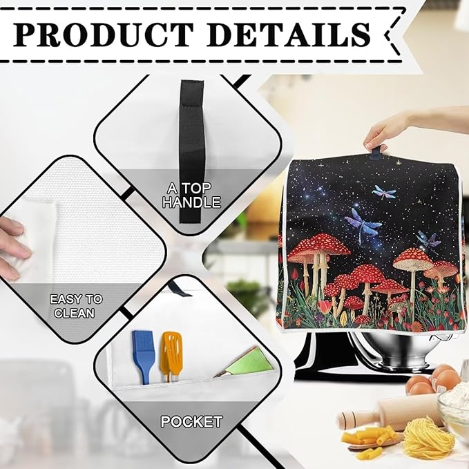 Stand Mixer Cover Mushroom Dragonfly Kitchen Appliance Dust Cover for 4.5-5 Quart Mixers Machine Washable Food Processor Protector for Kitchen Dining Room Countertop Decor
