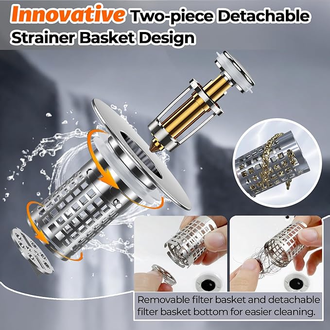 Bathroom Sink Drain Strainer, Stainless Steel Pop-up Strainer Basket Hair Catcher with Removable Basket, Brass Bullet Core, Universal Fit 1.1-2.36 Inch (4PCS)