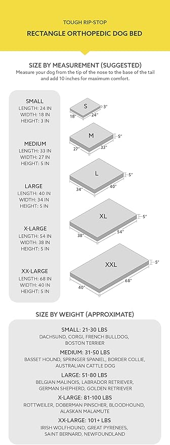 K9 Ballistics Tough Ripstop Orthopedic Rectangle Dog Bed Removable Washable Cover, Solid Orthopedic Foam for Size XL X-Large Dogs 54"x38", Sandstone