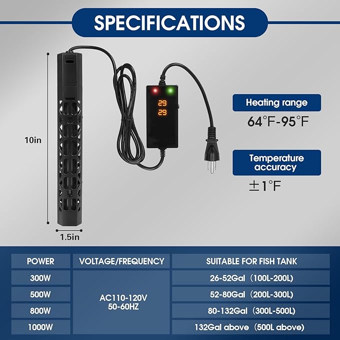 1000w Aquarium Heater, Submersible Fish Tank Heater,Intelligent Frequency Conversion with Over-Temperature Protection and Automatic Power-Off When Leaving Water for