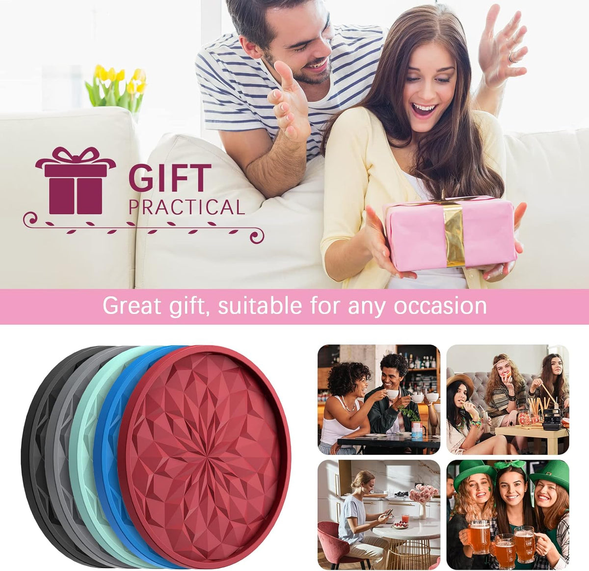 ME.FAN Silicone Coasters with Holder,[6 Pack] Drinking Coasters - Cup Mat for Hot or Cold Drinks, Thickened, Non-Slip, Non-Stick,Deep Tray Black