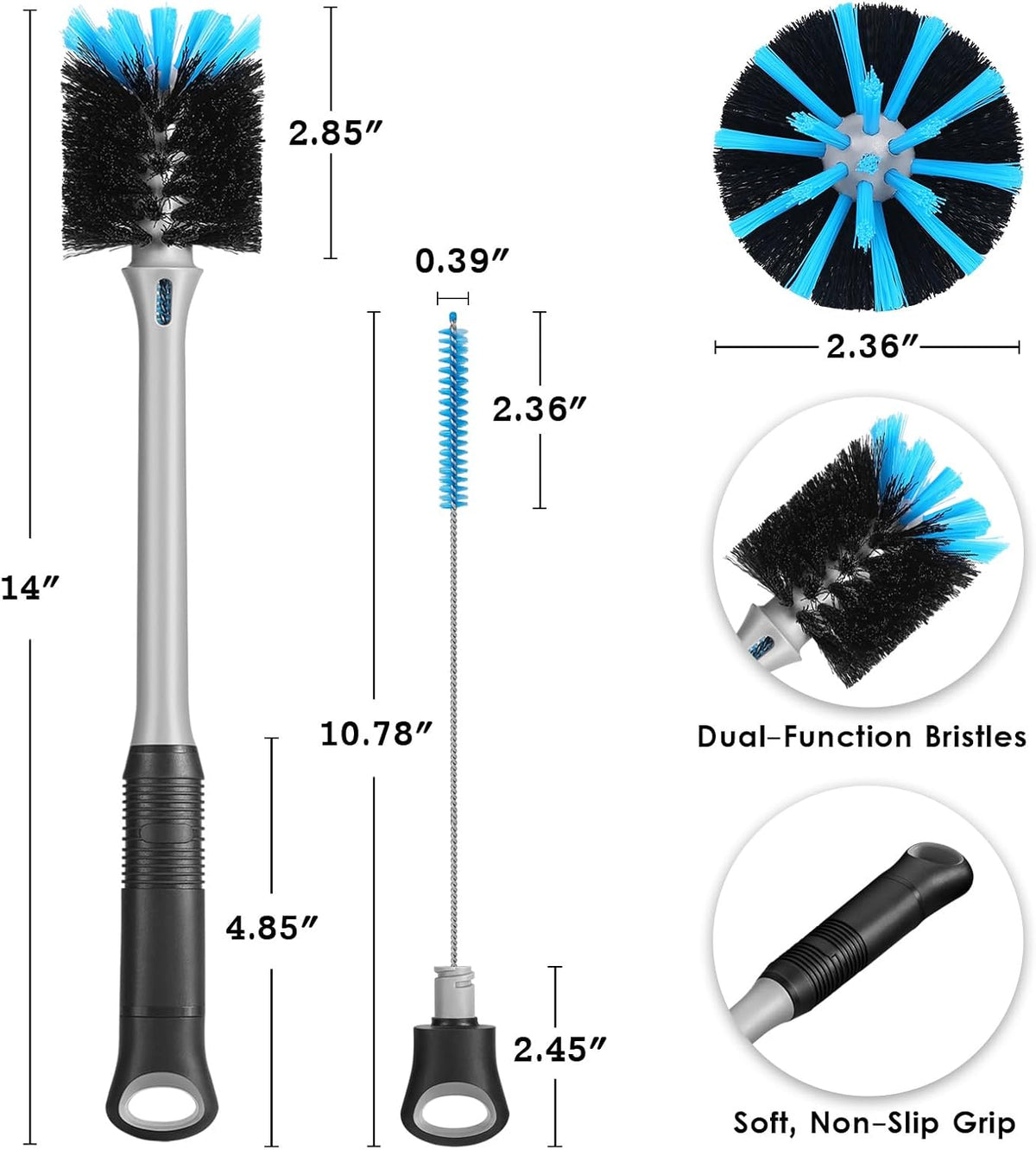 2-in-1 Bottle Brush with Straw Brush, Long Handle Water Bottle Scrubbing Brush, Built for Cleaning Sport Bottles, Baby Bottles, Water Bottles, Coffee Mugs, Wine Decanters, Flask, 1 Pack