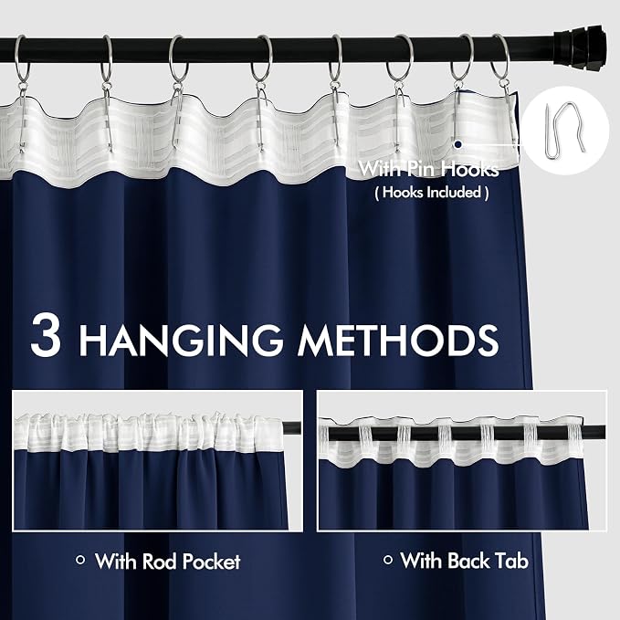 MIULEE Navy Blue Back Tab Blackout Curtains 102 Inch Long 2 Panels Set