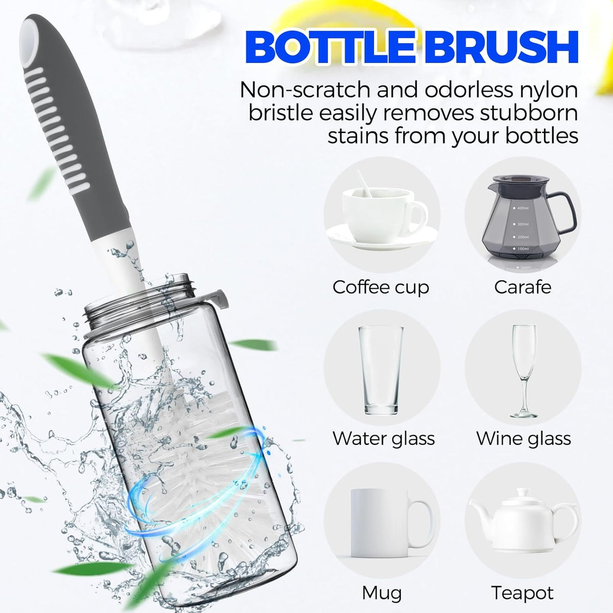 Holikme 6 Pack Dish Brush Set with Bottle Brush, Dish Scrub Brush, Pan Brush and 3 Straw Brushes, Deep Cleaning Handle Brush with Scraper Tip for Kitchen Sink Dishes Bottle Cup Pot and Pans (Gray)