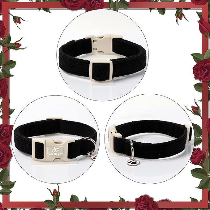 Cute Corduroy Dog Collar - Black Adjustable Dog Collars for Large Dogs 50-80lbs, Fade-Proof with Secure Snap & Little Charm, Christmas Birthday Gift, L