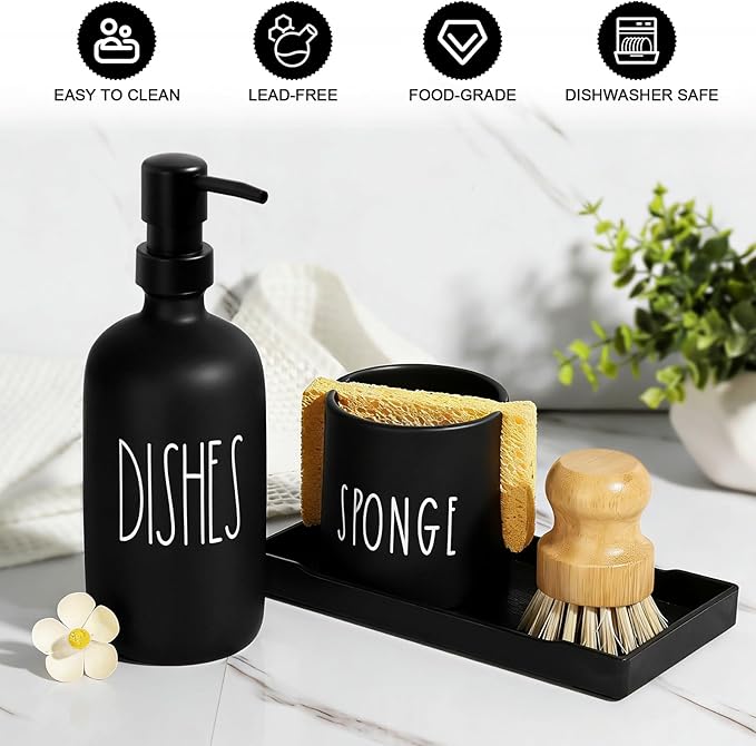 Dish Soap Dispenser for Kitchen, Glass Dish Soap Dispenser with Sponge Holder, Black Dispenser Set with Tray, 3 in 1 Countertop Sink Organizer, Farmhouse Kitchen Decor