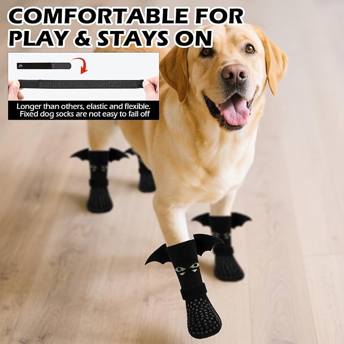 EXPAWLORER Halloween Anti Slip Dog Socks to Prevent Licking Paws, Boots & Paw Protectors with Grippers,Doggie Booties for Hardwood Floors for Small Medium Large Senior Dogs Costume Black Devil Wings S