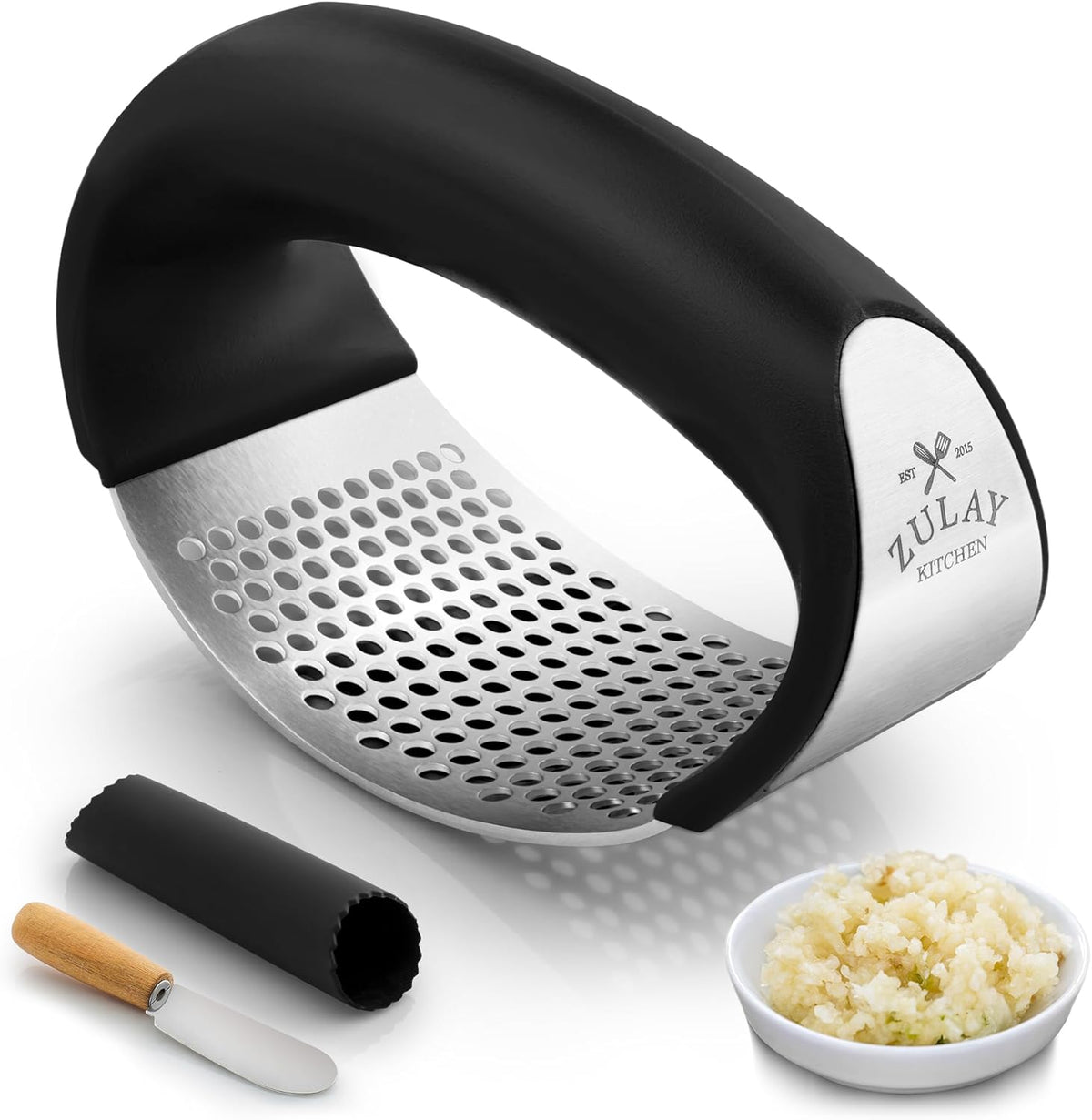 Zulay Kitchen Stainless Steel Garlic Press Rocker Set - Premium Garlic Mincer Garlic Crusher - New Innovative Garlic Crusher with Peeler and Scraper - Comfortable Grip (Black)