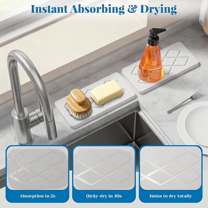 Diatomite Stone Sink Tray, 2PCS Water Absorbing Stone Trays, Quick Drying Hand Soap Holder with Anti-Skid Feet, Bathroom Tray Countertop for Bathroom Sink Kitchen Counter Faucet Organizer Decor