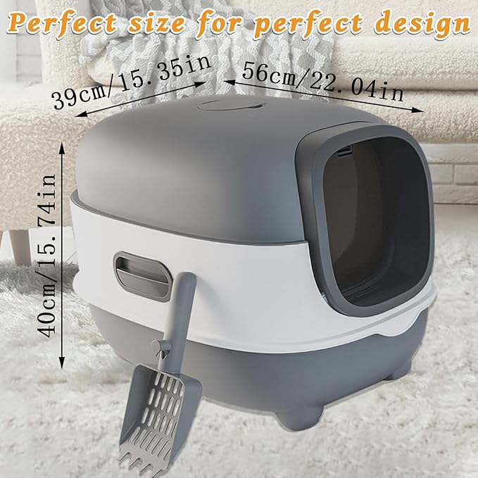 Large Cat Litter Box with Cat Litter Scoop, Foldable Litter Box with Lid, Front Entry and Exit Leak-Proof Litter Cat Box, Odor Control, Easy to Clean (Grey)