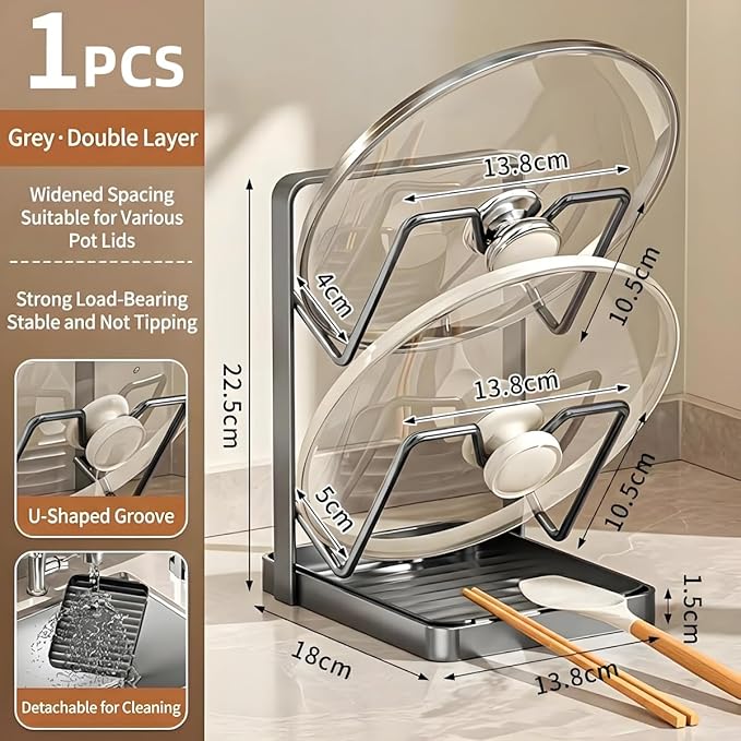 Pot Lid Organizer Holder Rack for While Cooking Under Cabinet Crockpot Pan and Storage Crock Spoon Rest with Kitchen Top Double U-Shaped Slots Steel Countertop Counter Stainless Stand Drip Tray