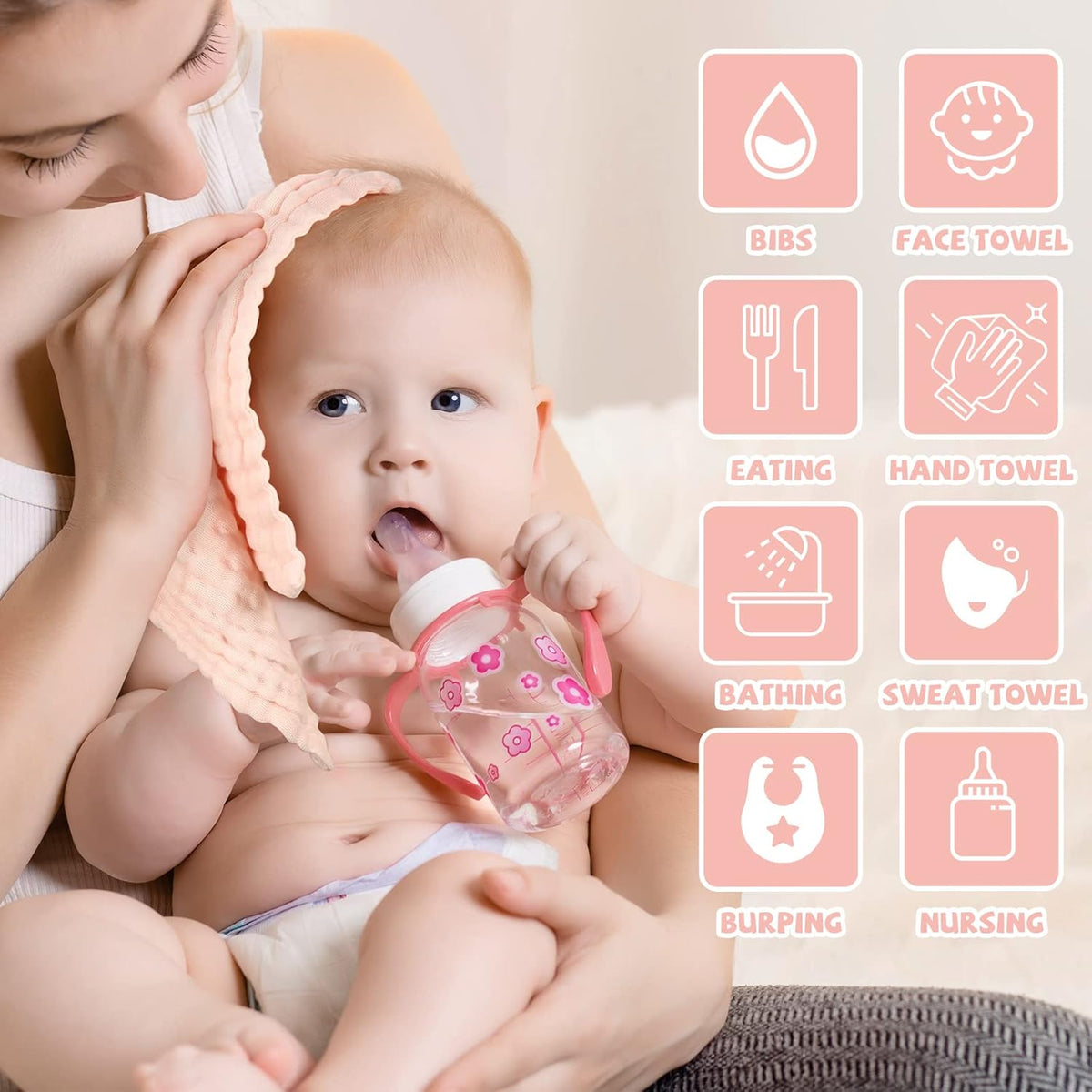 MUKIN Baby Washcloths and Burp Cloths, Soft Absorbent Towels for Newborns, 6 Pack, 12x12 Inches (Pink)