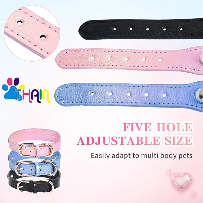 THAIN Fashion Dog Collar with Bling Diamonds & Heart Charm – 5 Holes Adjustable PU Leather Rhinestones Necklace Collar, Gold Buckle for Medium Dogs Girl (Pink, M)