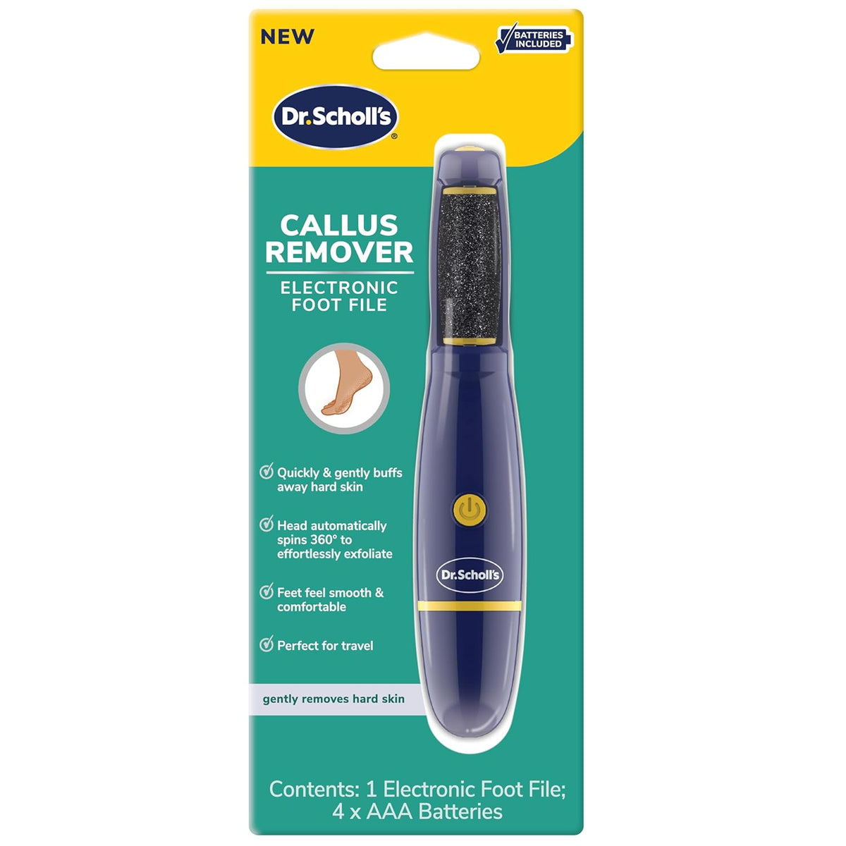 Dr. Scholl's Callus Remover Electronic Foot File, Electric Hard Skin Removal for Feet, Effortless Soft Smooth Skin in Minutes, Perfect for Travel, for Women & Men, AAA Batteries Included