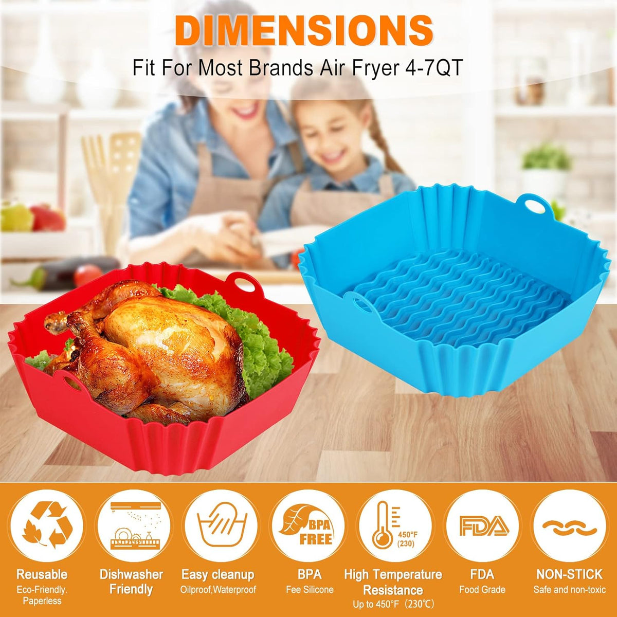 2 PCS Square Silicone Air Fryer Liners - 8 Inch Reusable Air Fryer Pot - Air Fryer Accessories - Air Fryer Inserts for 4 to 7 QT Oven Microwave Accessories (Red + Blue)