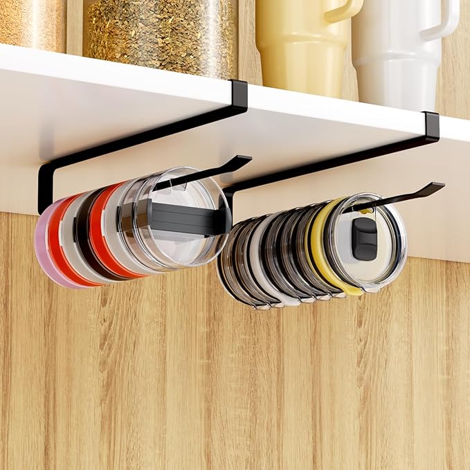 Quehun 2 PCS Tumbler Lid Organizers, Ample Lid Capacity Up to 30 Lids, No Adhesive No Drill Yeti Lid Organizer Holder Inside Cabinet, Space-Saving Stanley Tumbler Cup Lid Holder Organizer for Kitchen