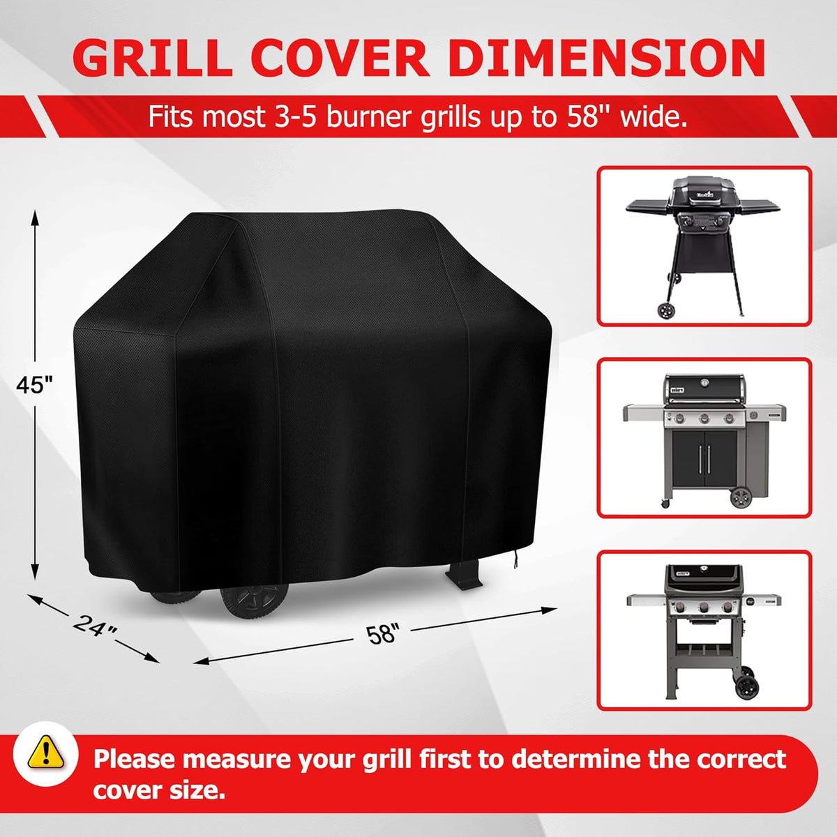 iCOVER Grill Cover, 58 inch BBQ Grill Cover for Outdoor Grill, Anti-UV & Fade Resistant Gas Grill Cover, Waterproof Barbecue Grill Covers for Weber, Char-Broil, Nexgrill and More, Black