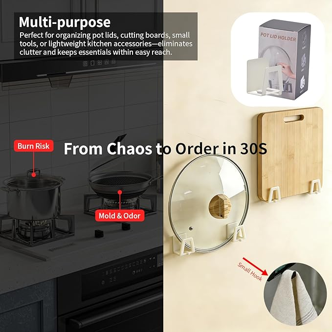 4 Pack Pot Lid Holders with Hook, Pot and Pan Hangers for Kitchen Inside Cabinet Wall Mount Rack Cabinet Door Lid Organizer, Save More Space, White