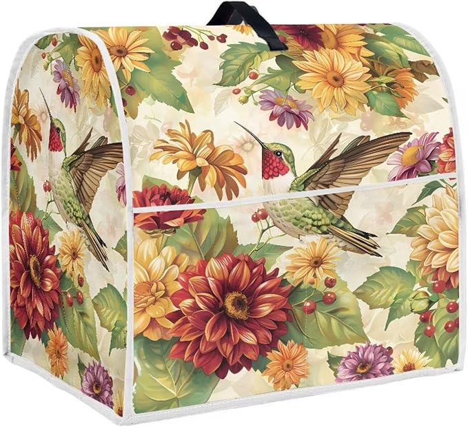Floral Hummingbird Kitchen Dust Covers for Stand Mixer with Handle & Storage Pocket Oil-Resistant Food Processor Covers for Kitchen Counter Universal Fits 4.5-5 Qt Kitchen Mixers