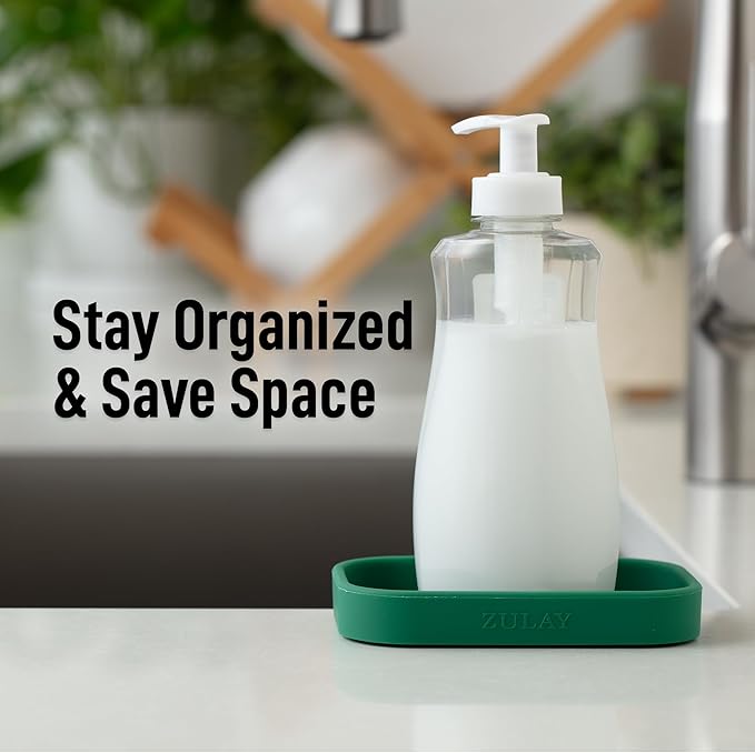Zulay Kitchen Small Silicone Sponge Holder (4.9x3.3”) – Space-Saving Sink Organizer Tray for Sponge, Soap, Brush & More – Compact Non-Slip Dish for Kitchen & Bathroom Countertops (Pine Green)