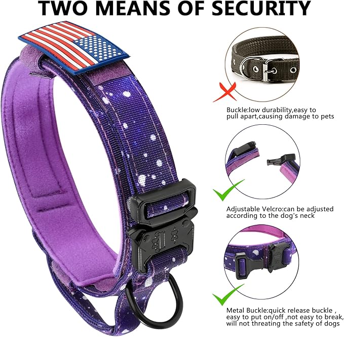 DAGANXI Tactical Dog Collar, Adjustable Military Training Nylon Dog Collar with Control Handle and Heavy Metal Buckle for Medium and Large Dogs, with Patches and Airtags Case (XL, Purple Sky)