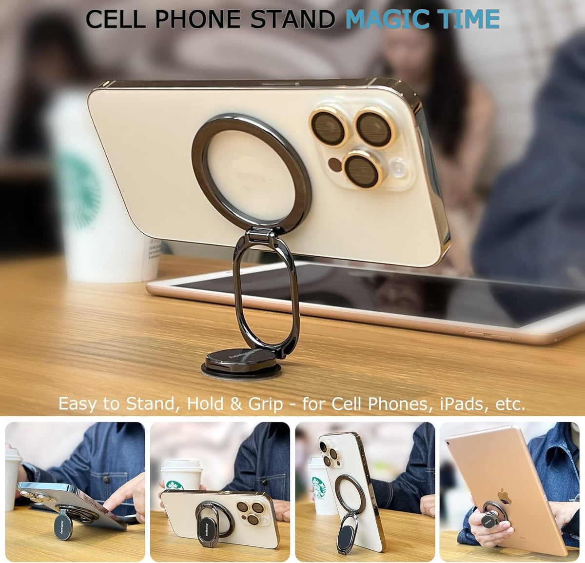 Magnetic Phone Ring Holder with Magsafe, Double Adjustable Gym Finger Ring Grip, Removable Phone Grip, for iPhone, iPad and Smartphones, Compatible with Magnetic Car Mount (Colorful)
