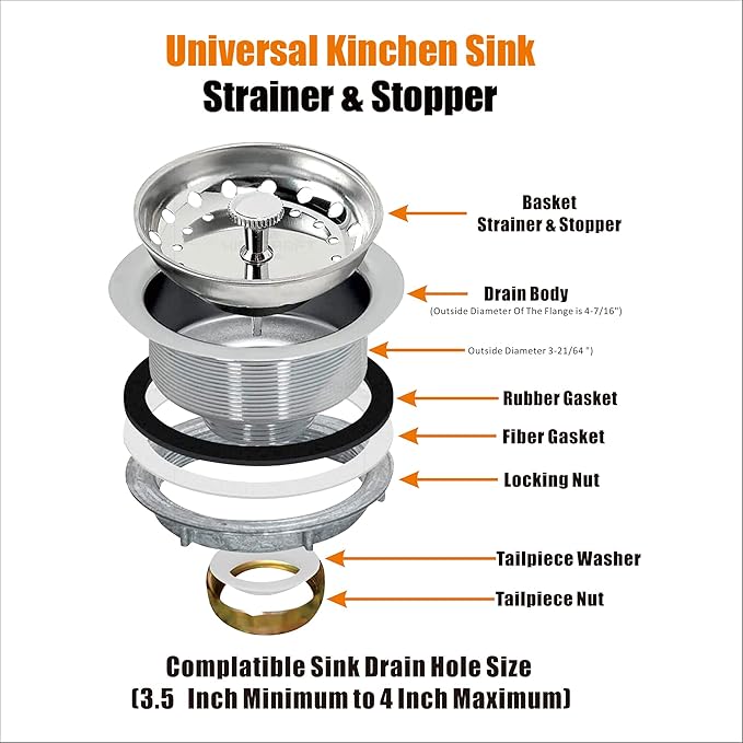 Artiwell 2-Pack Kitchen Sink Basket Strainer and Stopper, 3-1/2” Kitchen Drain Assembly with Strainer and Sink Stopper, Kitchen Sink Strainer with Stopper, Chrome Plated