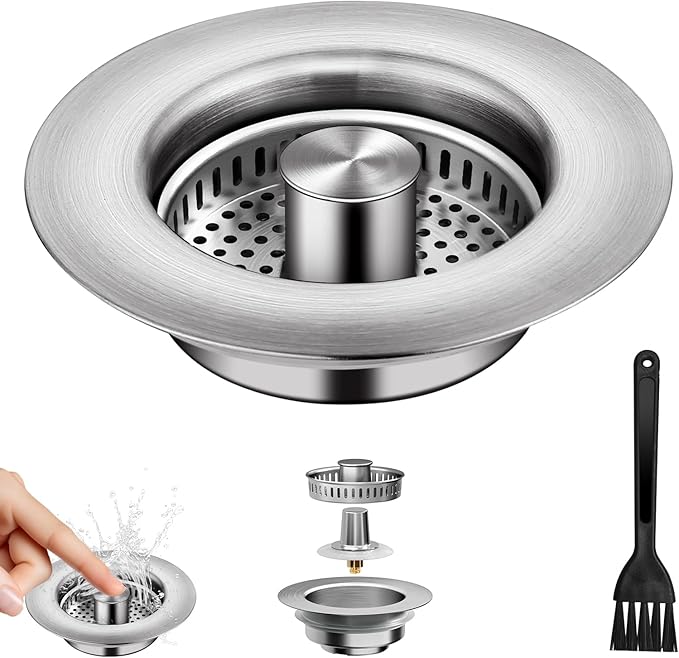 3-in-1 Kitchen Sink Drain Strainer & Sink Stopper - 304 Stainless Steel Pop Up Sink Drain Strainer, Anti-Clogging Kitchen Sink Stopper with Fast Drain Design, Fits Standard 3-1/2'' Sink Drains