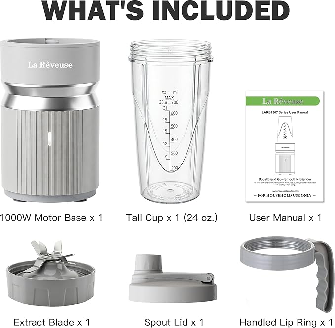 La Reveuse Smoothie Blender for Shakes,Smoothies,Frozen Blending,Salsa,Sauces,Dips,(1) 24oz Cup,(1) Spout Lid,(1) Handled Comfort Lip Ring,1000W,Cool Gray