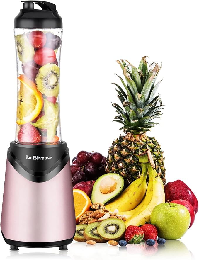 La Reveuse Smoothies Blender Personal Size 300 Watts with 18 oz BPA-Free Portable Travel Sports Bottle (Pink)