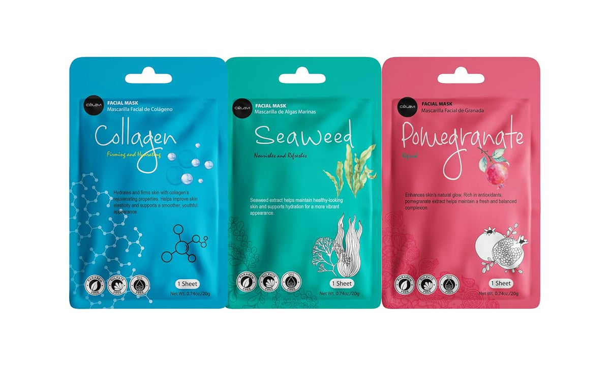 Celavi Essence Facial Sheet Face Mask Variety Set Classic Authentic Korean Moisturizing Skincare (12-Packs)