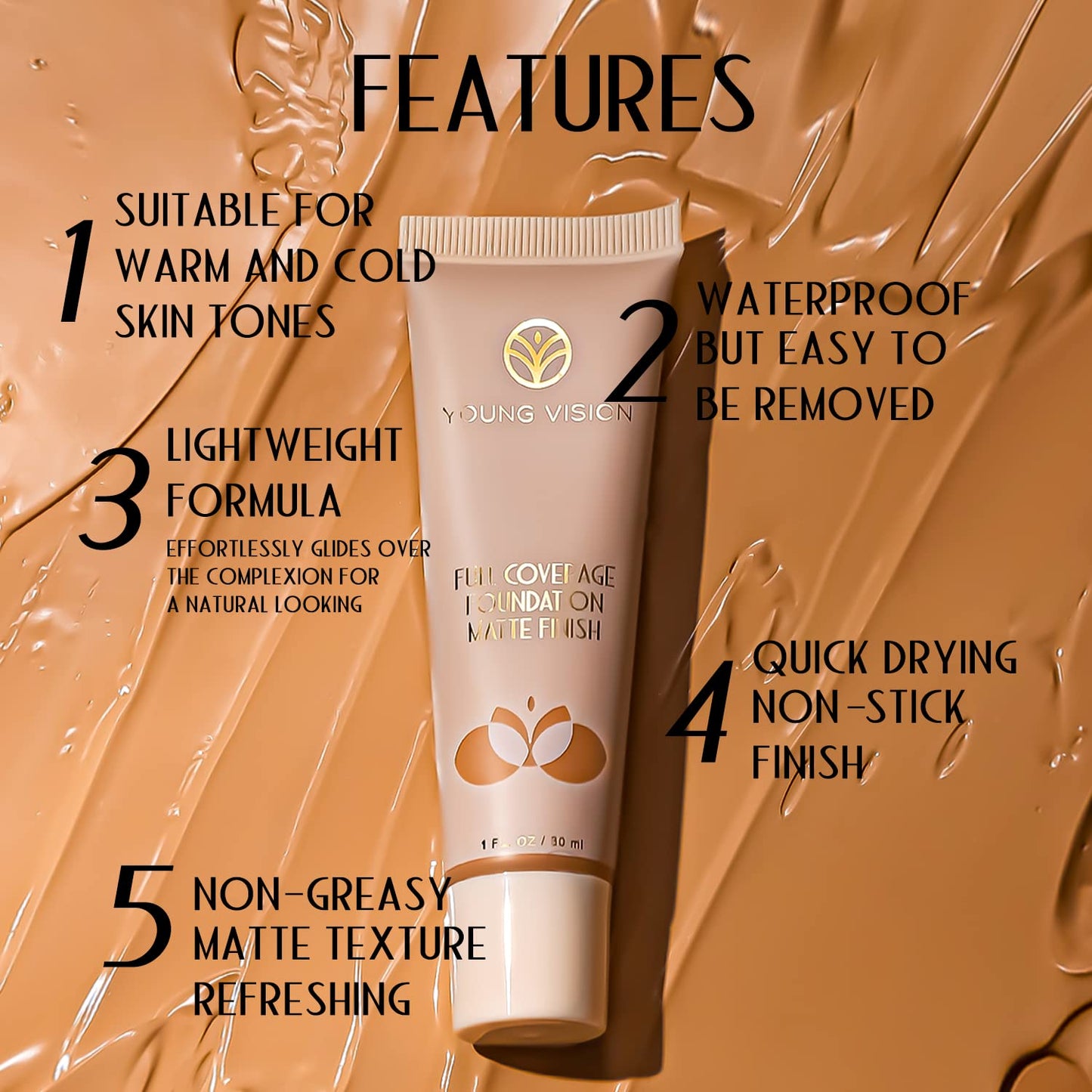 YOUNG VISION Full Coverage Longwear Foundation, Matte Finish, Waterproof, Poreless Liquid Foundation Makeup, 1 fl.oz