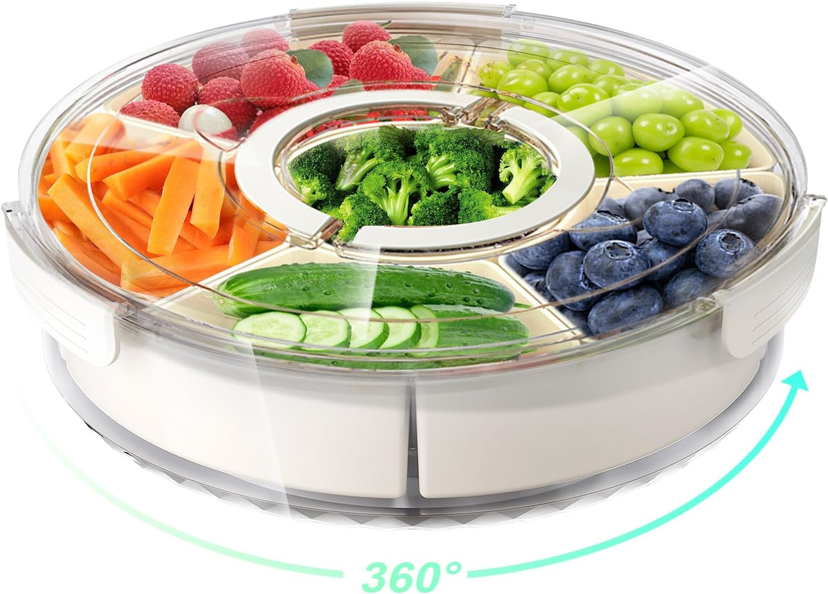 Divided Rotating Serving Tray with Lid and Handle, Portable Snackle Box for Fruits Snacks Veggie Charcuterie, Clear Lazy Susan Organizer and Fridge Storage Container for Adults Child (1PCS,12" L