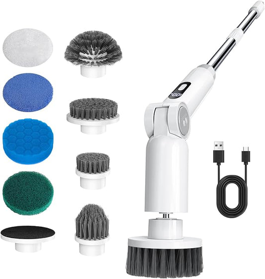fishkeeper 8-in-1 Electric Aquarium Cleaning Brush - IPX9 Waterproof, LED Screen Handle w/ 2 Speed-Control & Battery Display USB Rechargeable Spin Fish Tank Cleaner Tools Kit with 8 Scrubbers