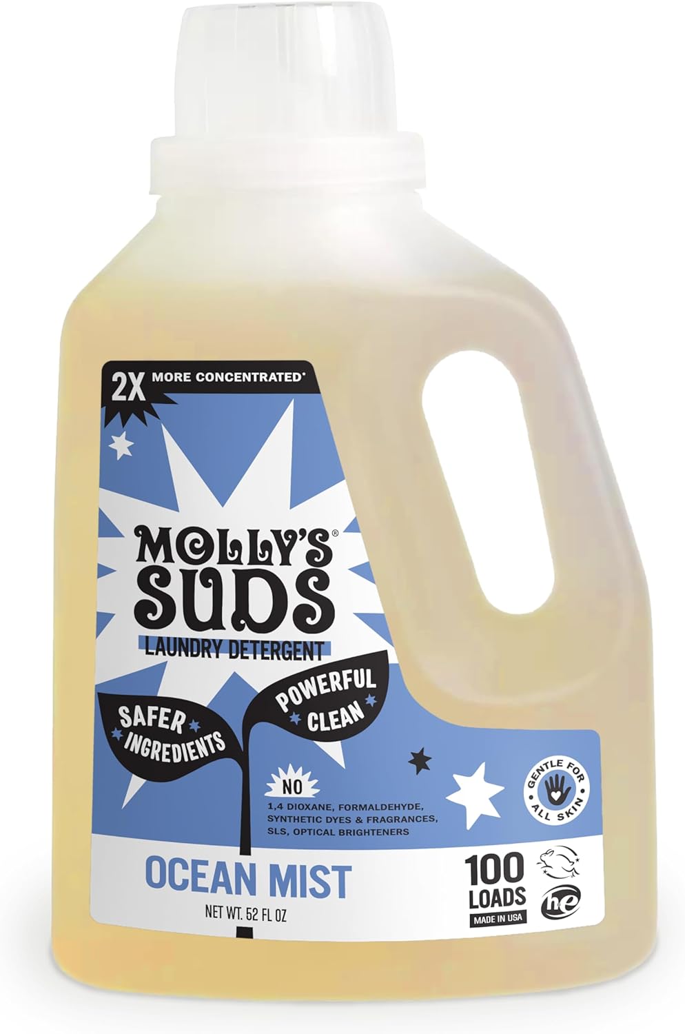 Molly's Suds Liquid Laundry Detergent | Clean Laundry Detergent Soap for Sensitive Skin | 2x Concentrated, High Efficiency (HE) | Ocean Mist - 100 Loads