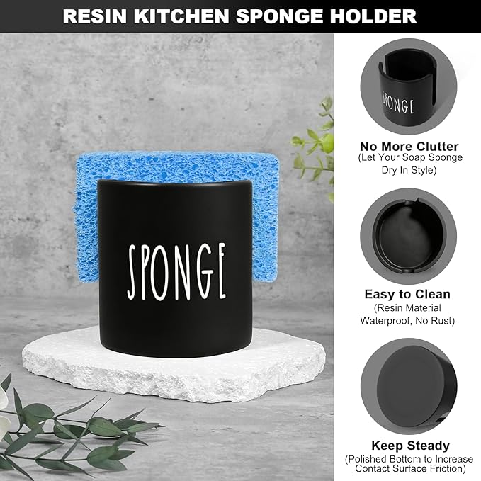 Dish Soap Dispenser for Kitchen, Glass Dish Soap Dispenser with Sponge Holder, Black Dispenser Set with Tray, 3 in 1 Countertop Sink Organizer, Farmhouse Kitchen Decor