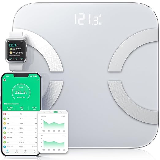 Smart Scale for Body Weight, Digital Bathroom Scale LED Display, BMI, Body Fat, Muscle Mass 18 Body Composition Monitor Health Analyzer Sync Fitness Apps (Silver)
