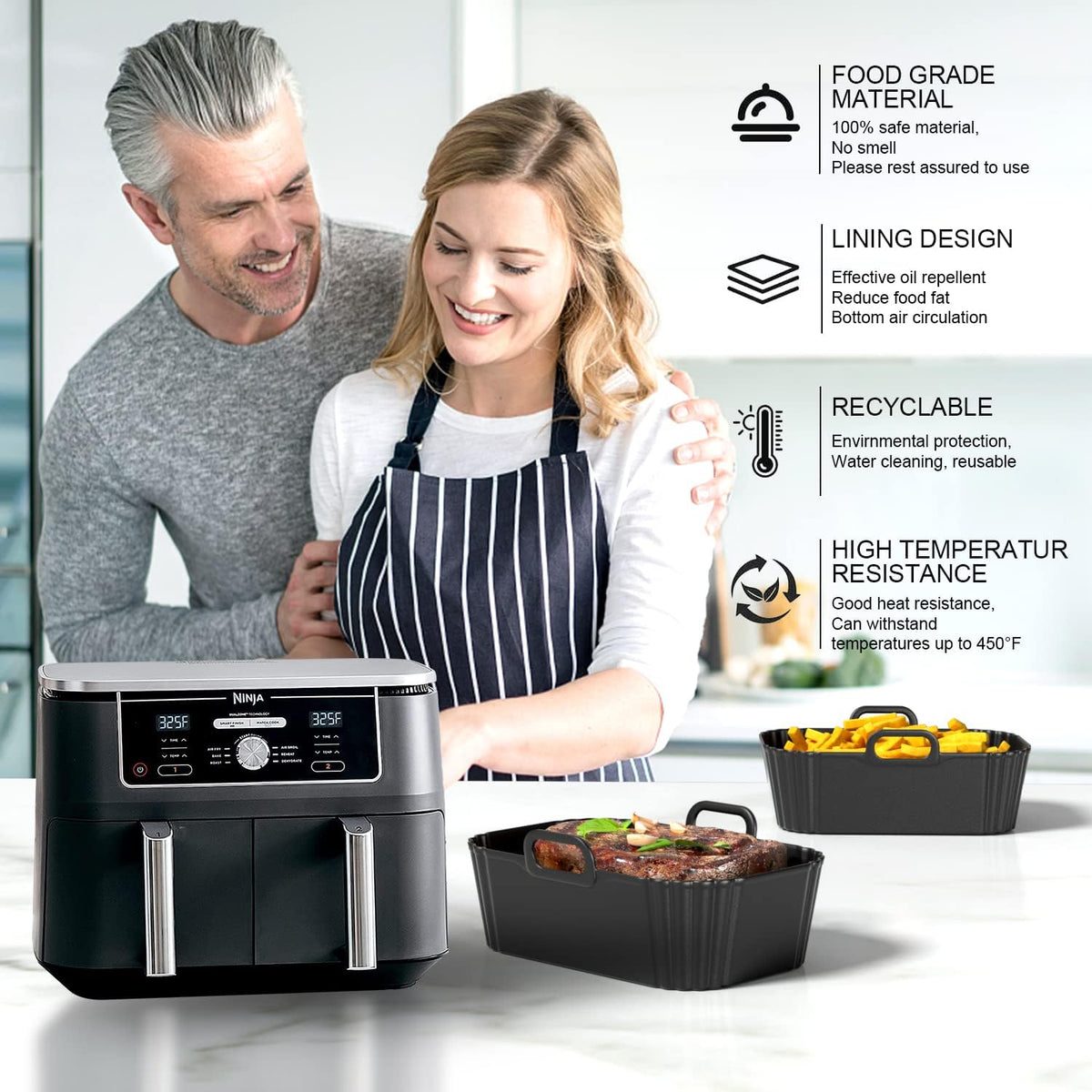 Silicone Air Fryer Liners 2 Pack, Reusable Liners Compatible for Ninja Foodi DZ201, DZ401, DZ550, COSORI, Chefman, Instant Air Fryer, and 6-in-1 8-10QT Air Fryer Baskets