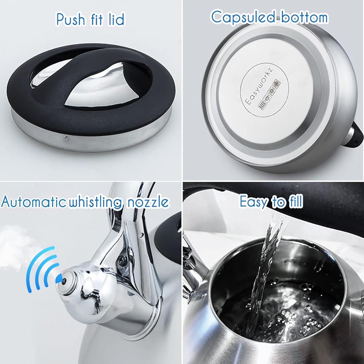 Easyworkz Whistling Stovetop Tea Kettle Food Grade Stainless Steel Hot Water Tea Pot With Loud Whistle, 2.4 Quart(2.3l)
