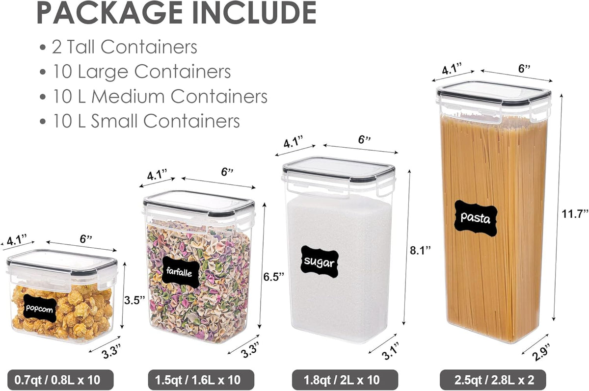 Vtopmart 32pcs Airtight Food Storage Containers Set, BPA Free Plastic Kitchen and Pantry Organization Canisters with Lids for Cereal, Dry Food, Flour and Sugar, Includes 32 Labels