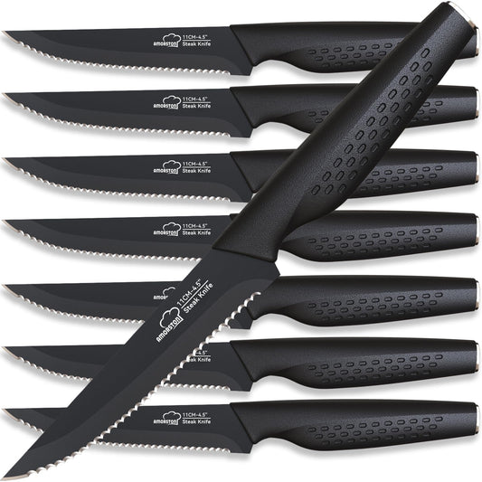 Amorston Steak Knives, Steak Knives Set of 8, Stainless Steel Steak Knife Set, Serrated Knives Dishwasher Safe, Elegant Black